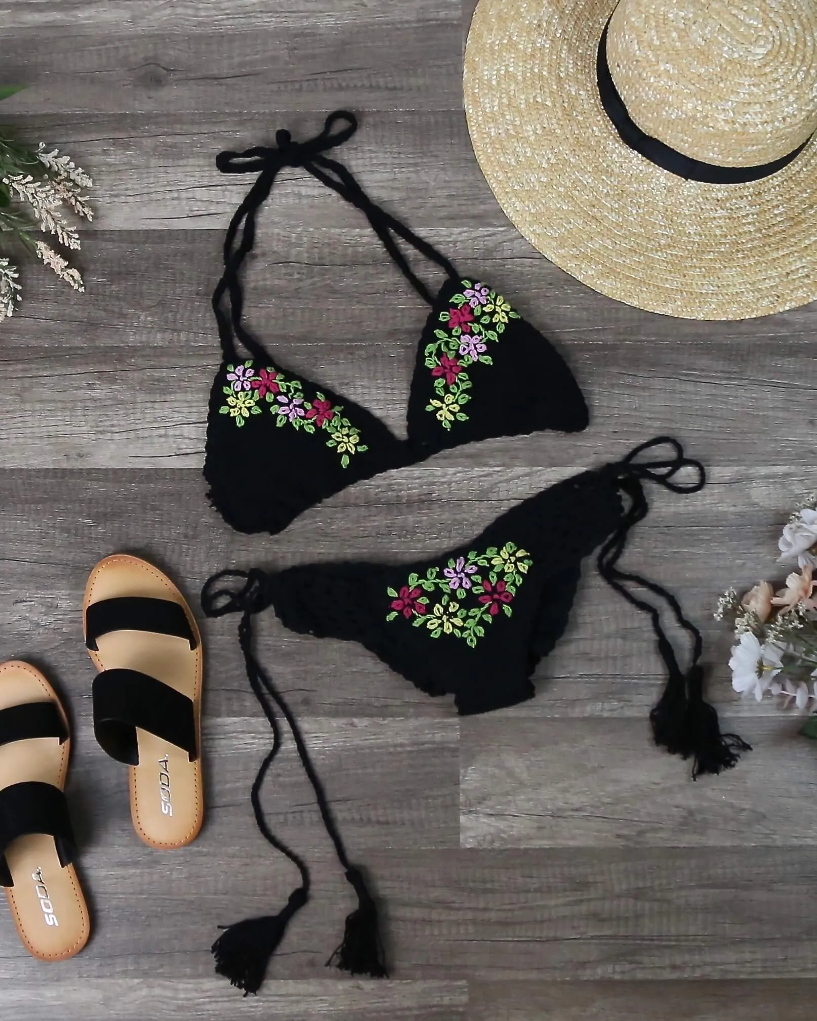 Final Sale - Handmade Floral Embroidered Detail Crochet Bikini in Black