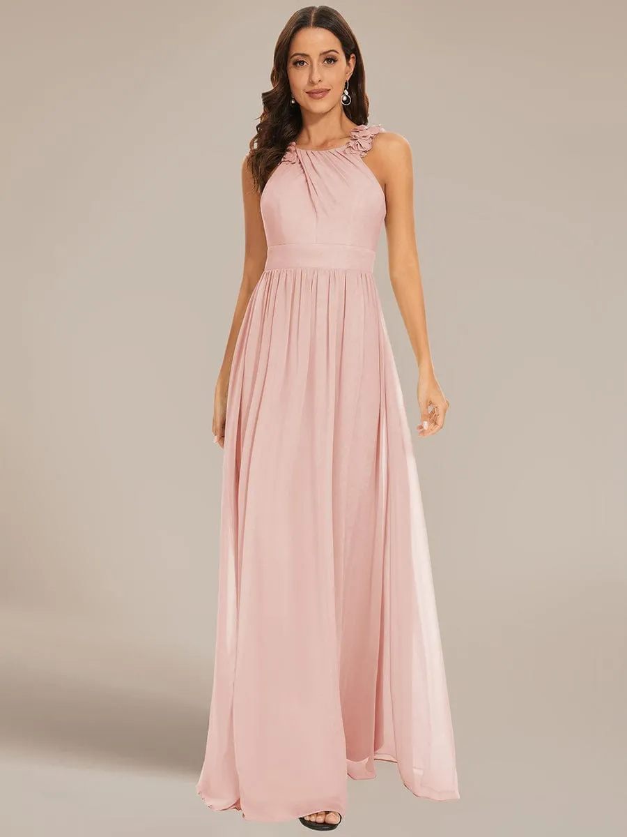 Floral Applique Sleeveless Pleated Chiffon Bridesmaid Dress