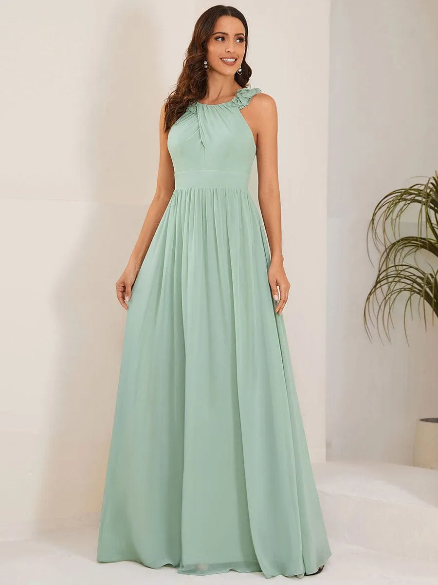 Floral Applique Sleeveless Pleated Chiffon Bridesmaid Dress