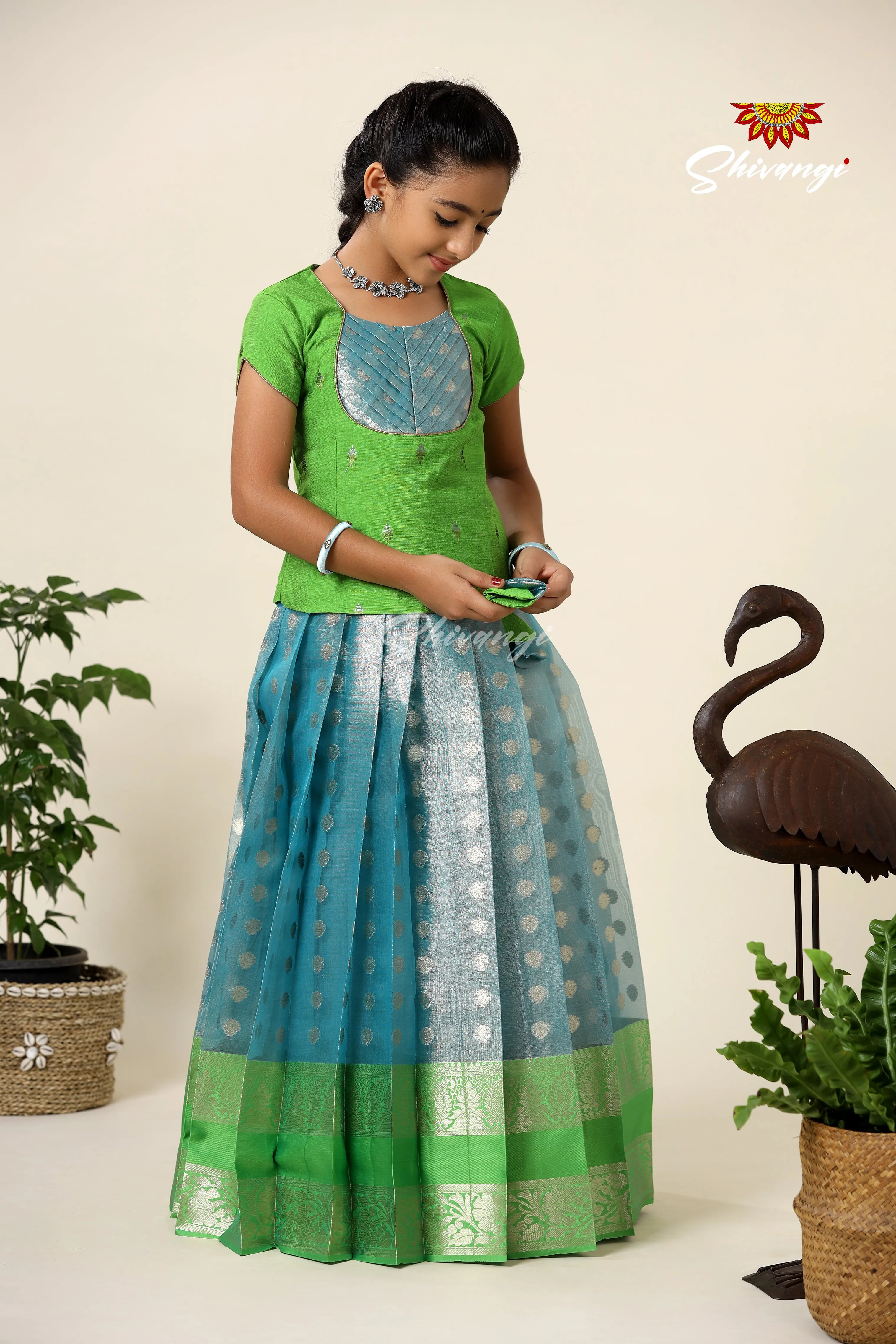 Girls Blue Floating Mango Butta Pattu Pavadai