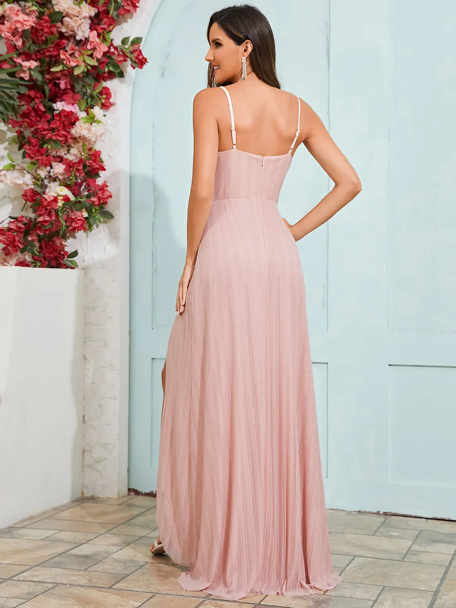 Graceful Spaghetti Straps Split Pleated Empire Waist V Neck Floor Length Chiffon Dresses with Shimmer