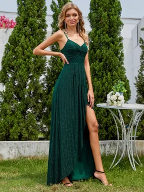 Graceful Spaghetti Straps Split Pleated Empire Waist V Neck Floor Length Chiffon Dresses with Shimmer