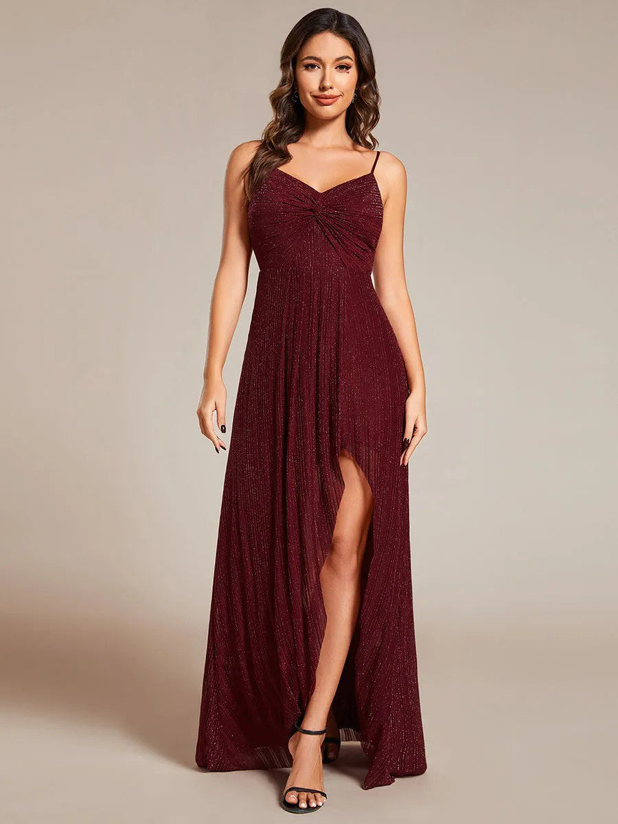 Graceful Spaghetti Straps Split Pleated Empire Waist V Neck Floor Length Chiffon Dresses with Shimmer