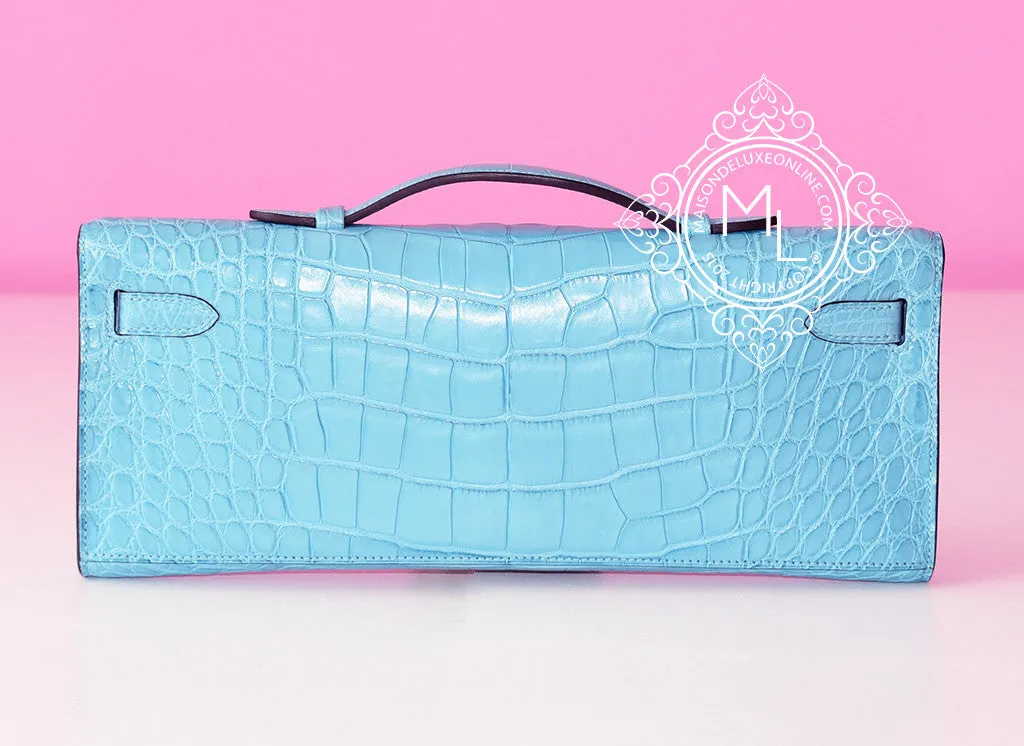 Hermes Blue Saint CYR PHW Crocodile Kelly Cut