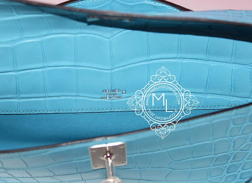 Hermes Blue Saint CYR PHW Crocodile Kelly Cut