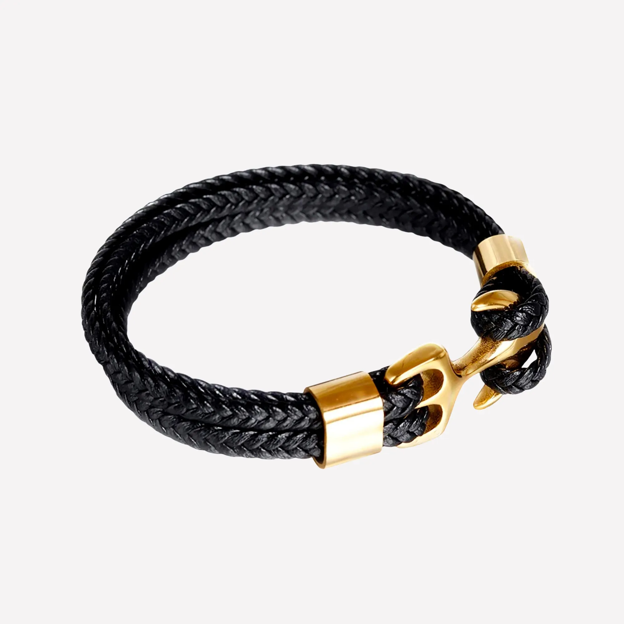 High-Quality Woven Black Leather Rope Bracelet with Anchor Clasp