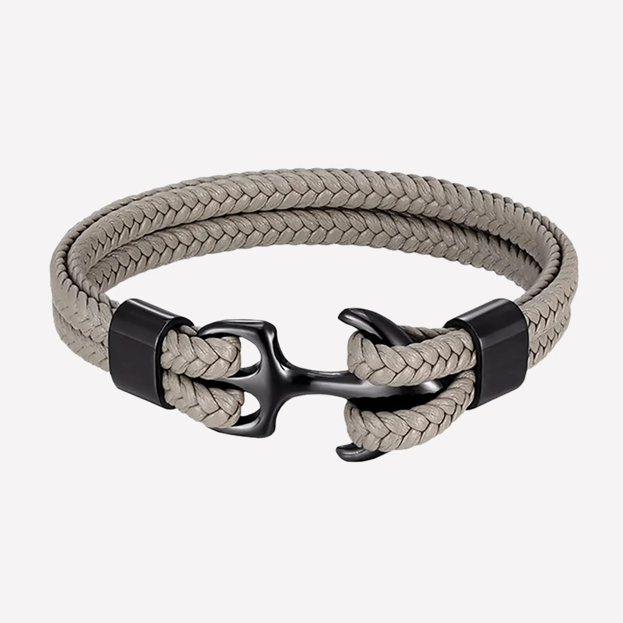 High-Quality Woven Black Leather Rope Bracelet with Anchor Clasp