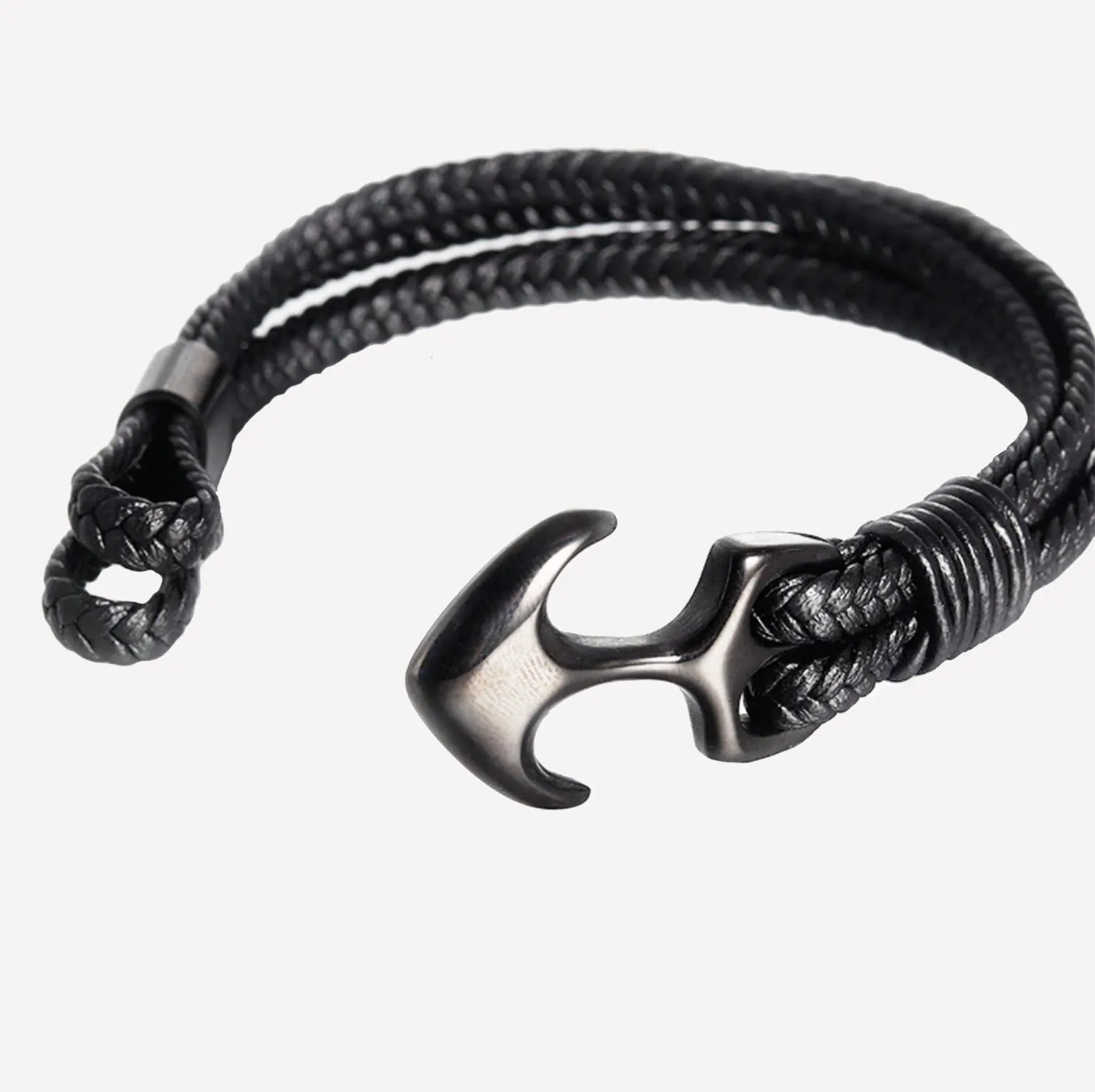 High-Quality Woven Black Leather Rope Bracelet with Anchor Clasp