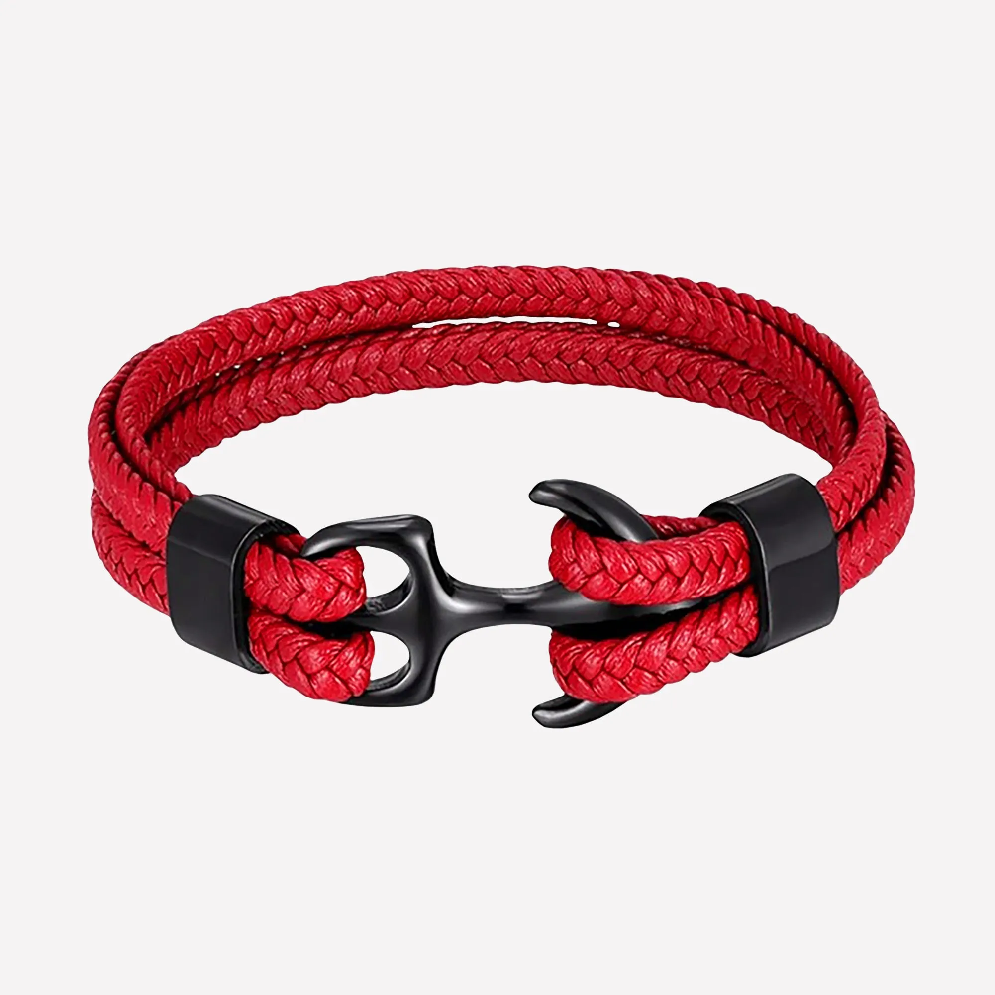 High-Quality Woven Black Leather Rope Bracelet with Anchor Clasp