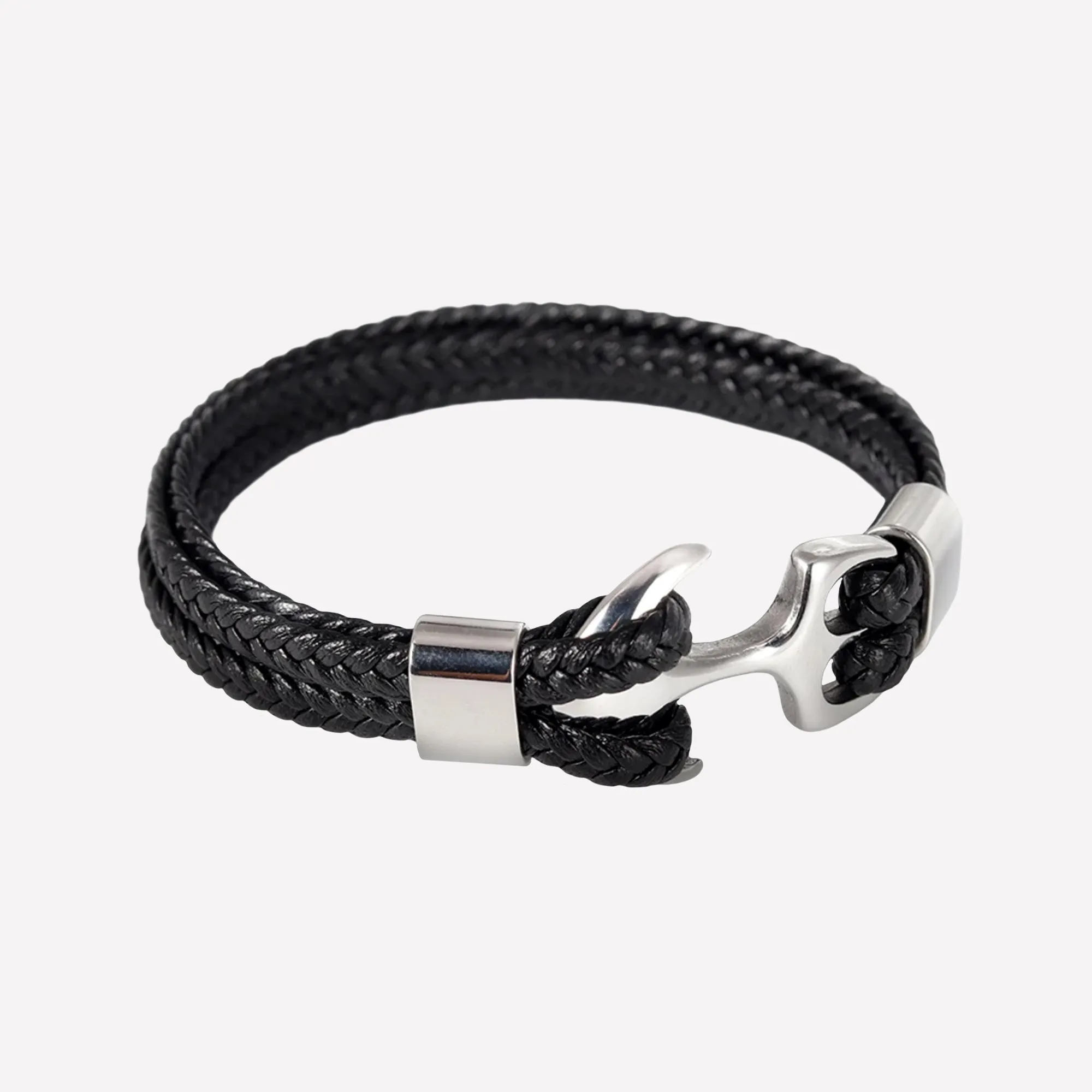 High-Quality Woven Black Leather Rope Bracelet with Anchor Clasp