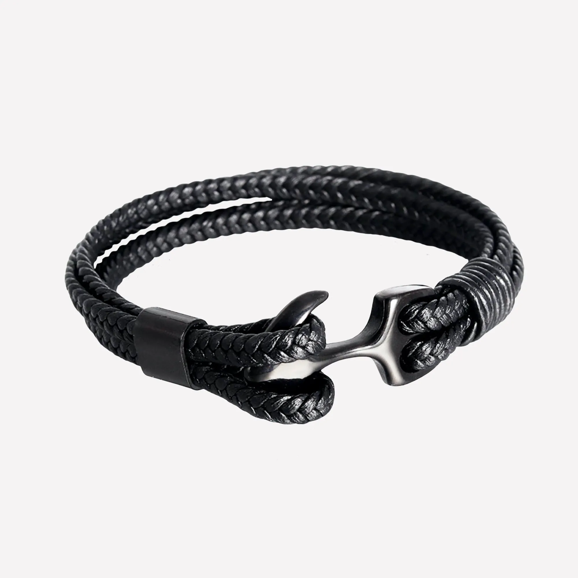 High-Quality Woven Black Leather Rope Bracelet with Anchor Clasp