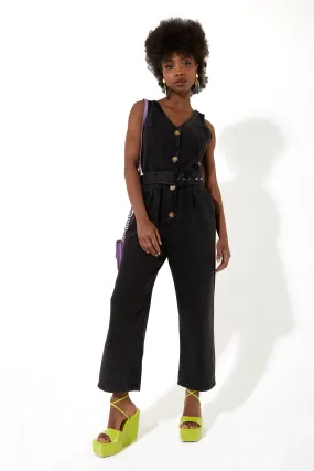 House of Holland Black 90’s Look Denim Jumpsuit With A Belt And Tortoise Shell Buttons