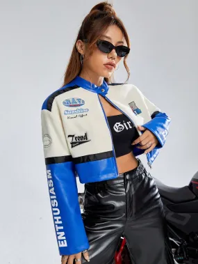 Letter Graphic Racer Colorblock Crop Jacket