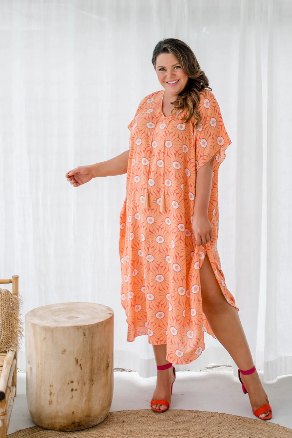 Long Kaftan Dress - Peach Flower