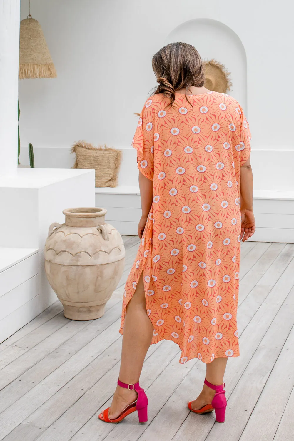 Long Kaftan Dress - Peach Flower