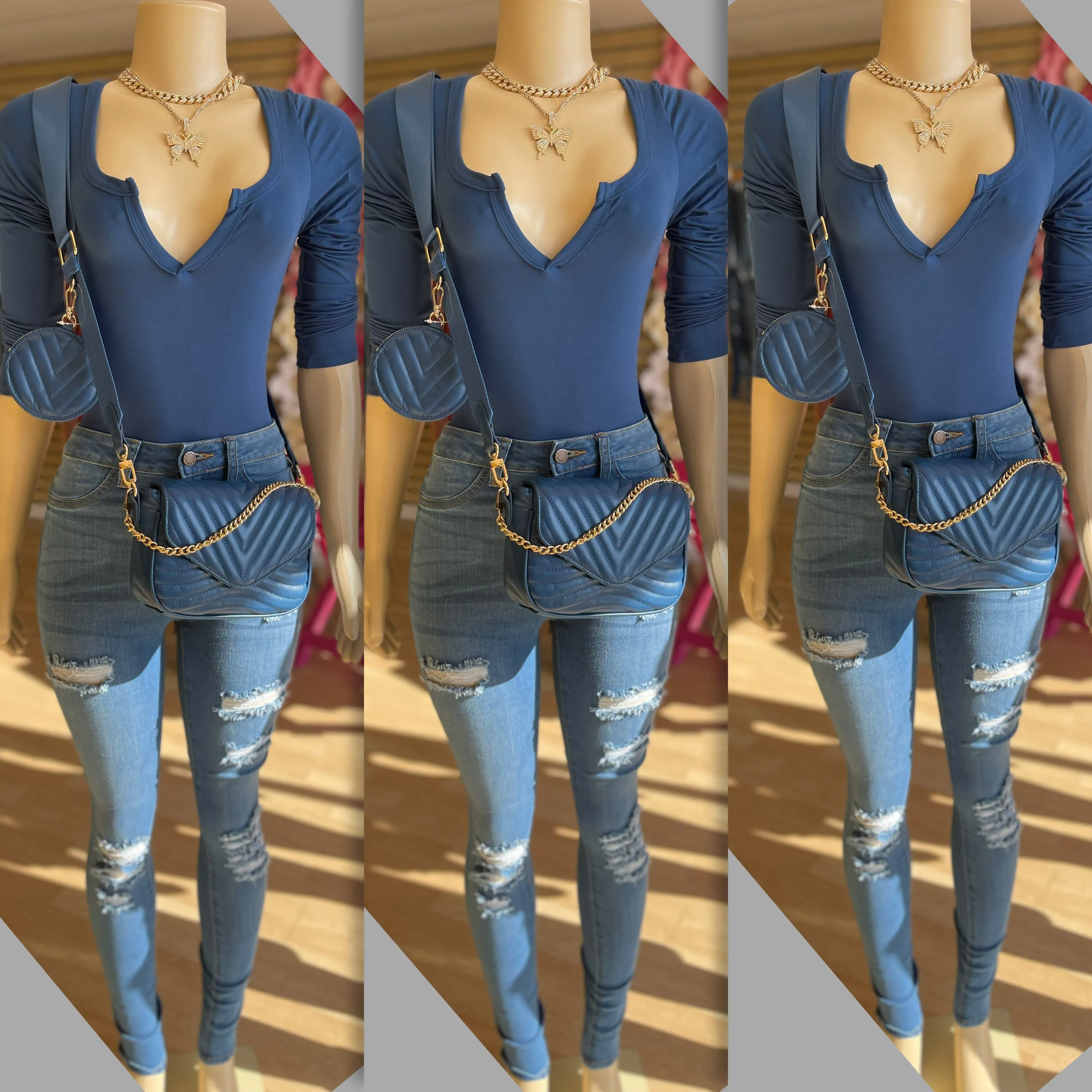 Long Sleeve Chill and Cute “v” Bodysuit ( DenIm Blue)