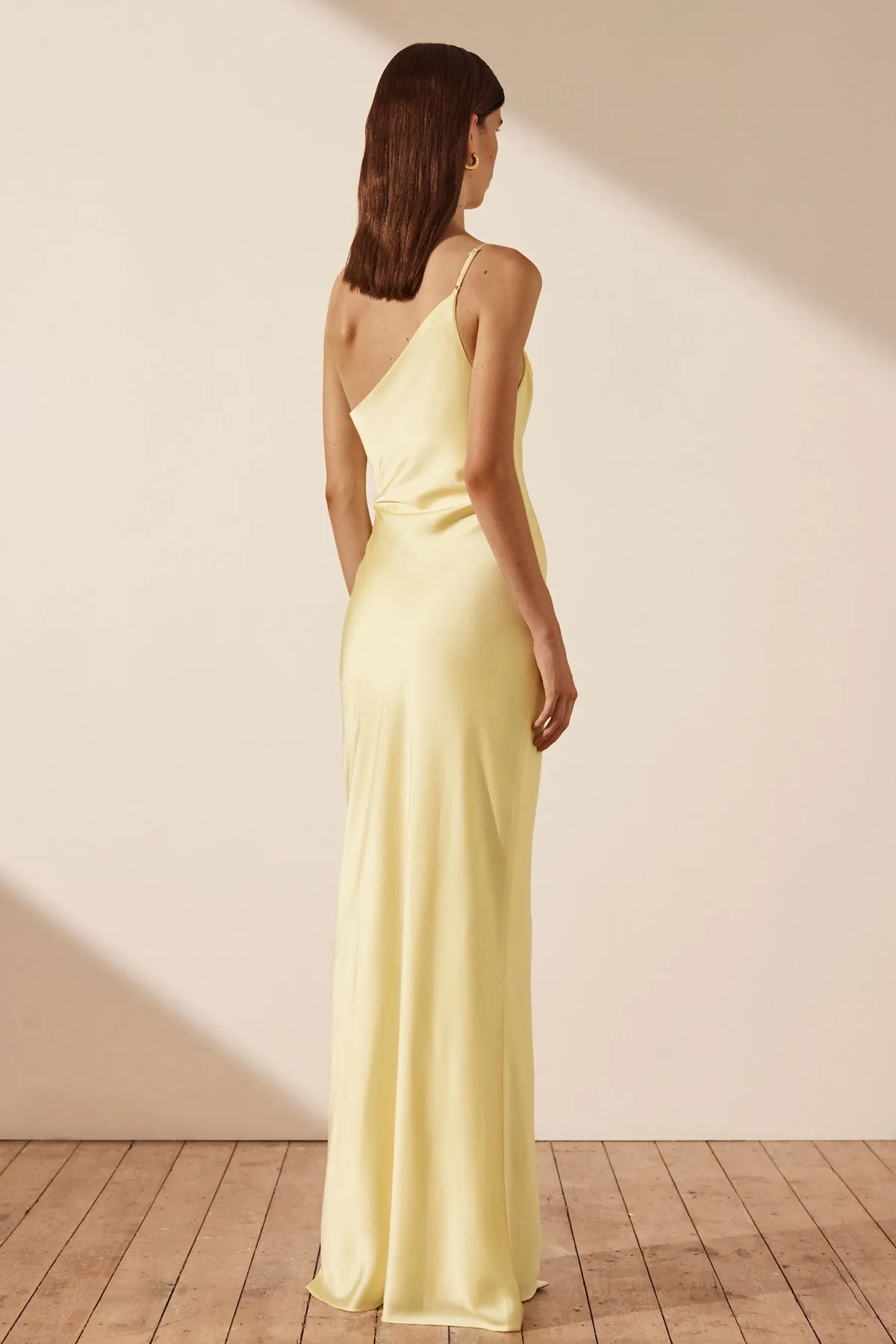 LUXE ASYMMETRICAL GATHERED MAXI DRESS - LEMON