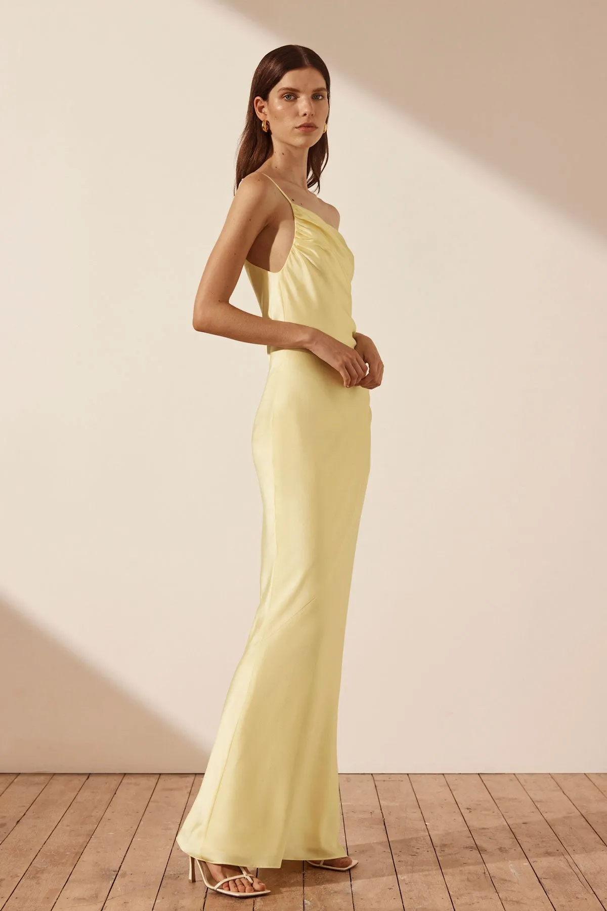 LUXE ASYMMETRICAL GATHERED MAXI DRESS - LEMON