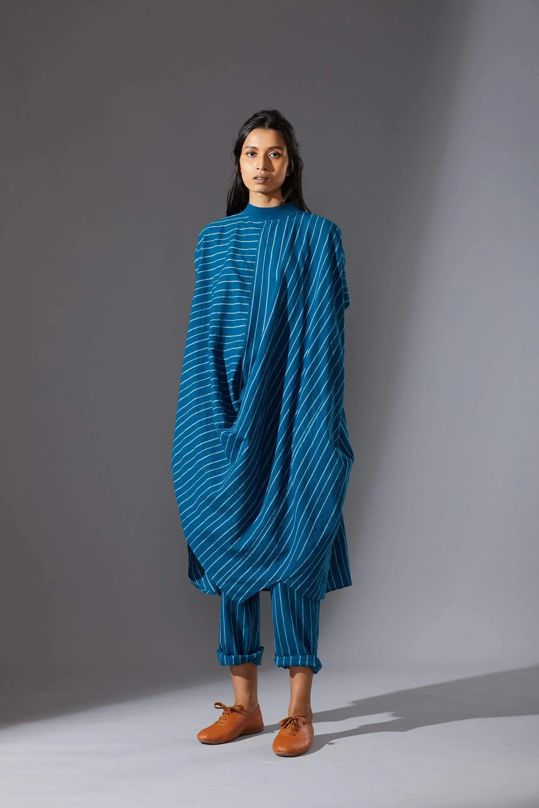 Mati Ribbed Collar Blue Cowl Tunic Set with Pants