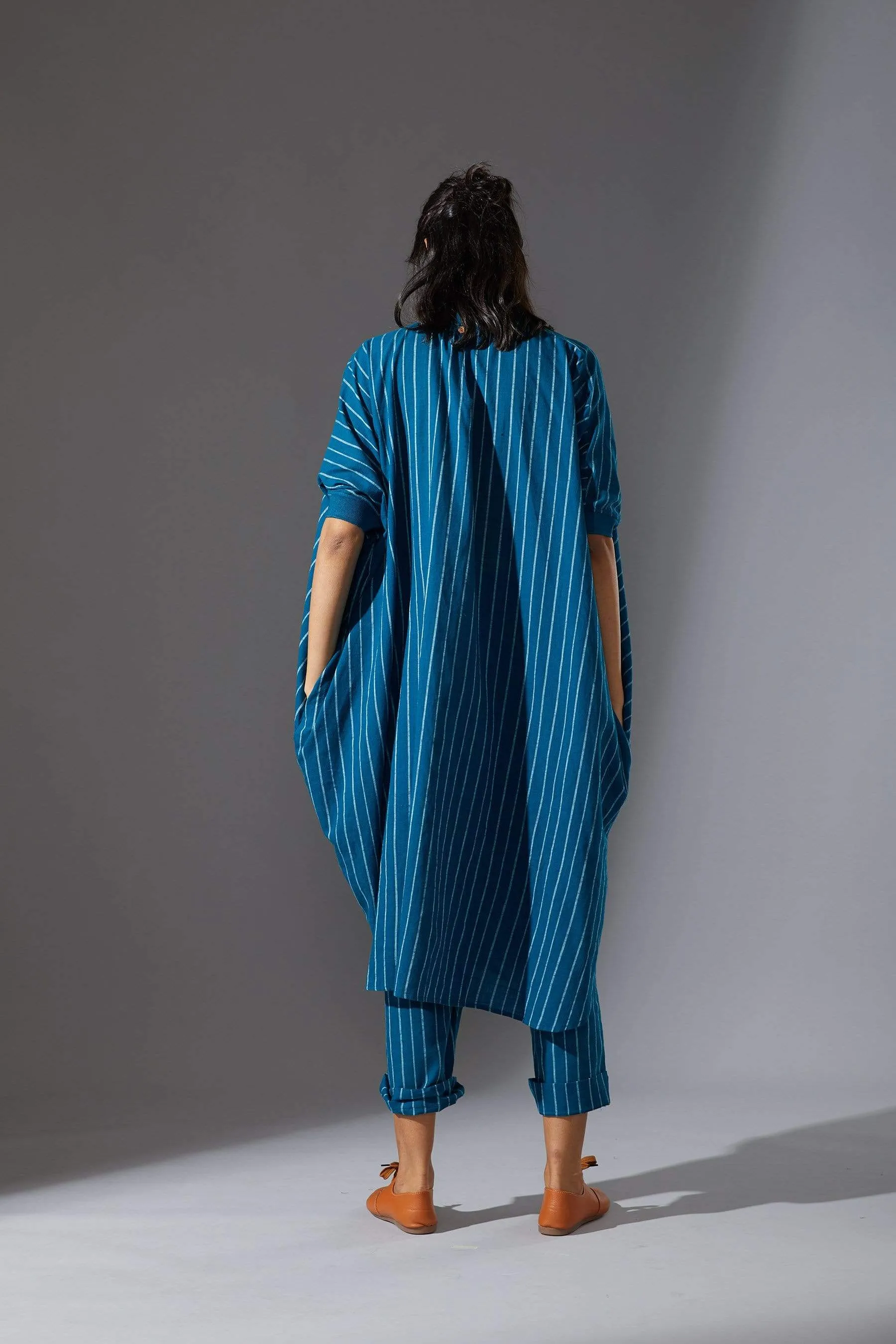 Mati Ribbed Collar Blue Cowl Tunic Set with Pants