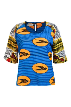 Medley Top - Orange/Blue Speed bird & White Fish print