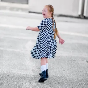 MID SLEEVE TWIRL DRESS- B W Check