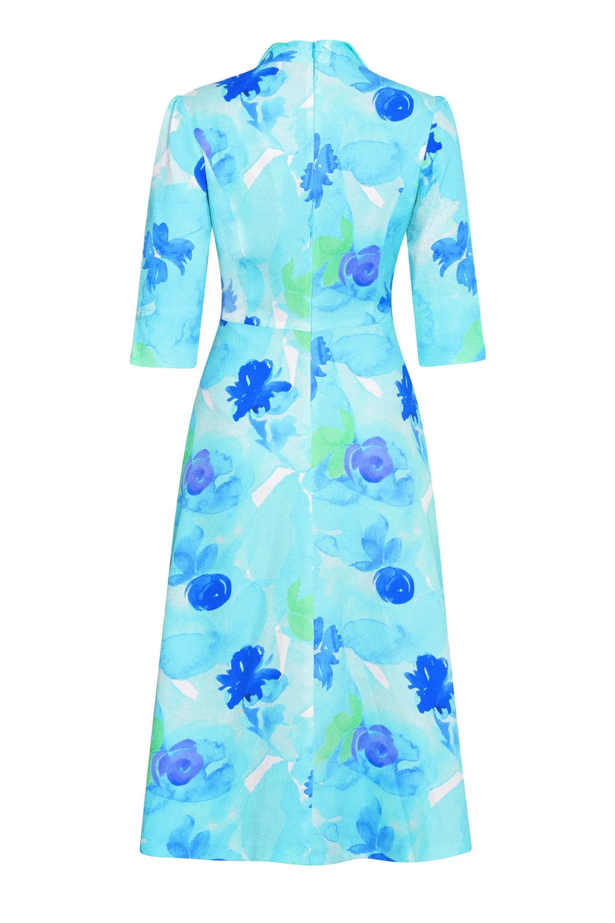 Midi Length A-Line, 3/4 Sleeve Dress in Turquoise/Blue Cloqué Silk Print - Naomi