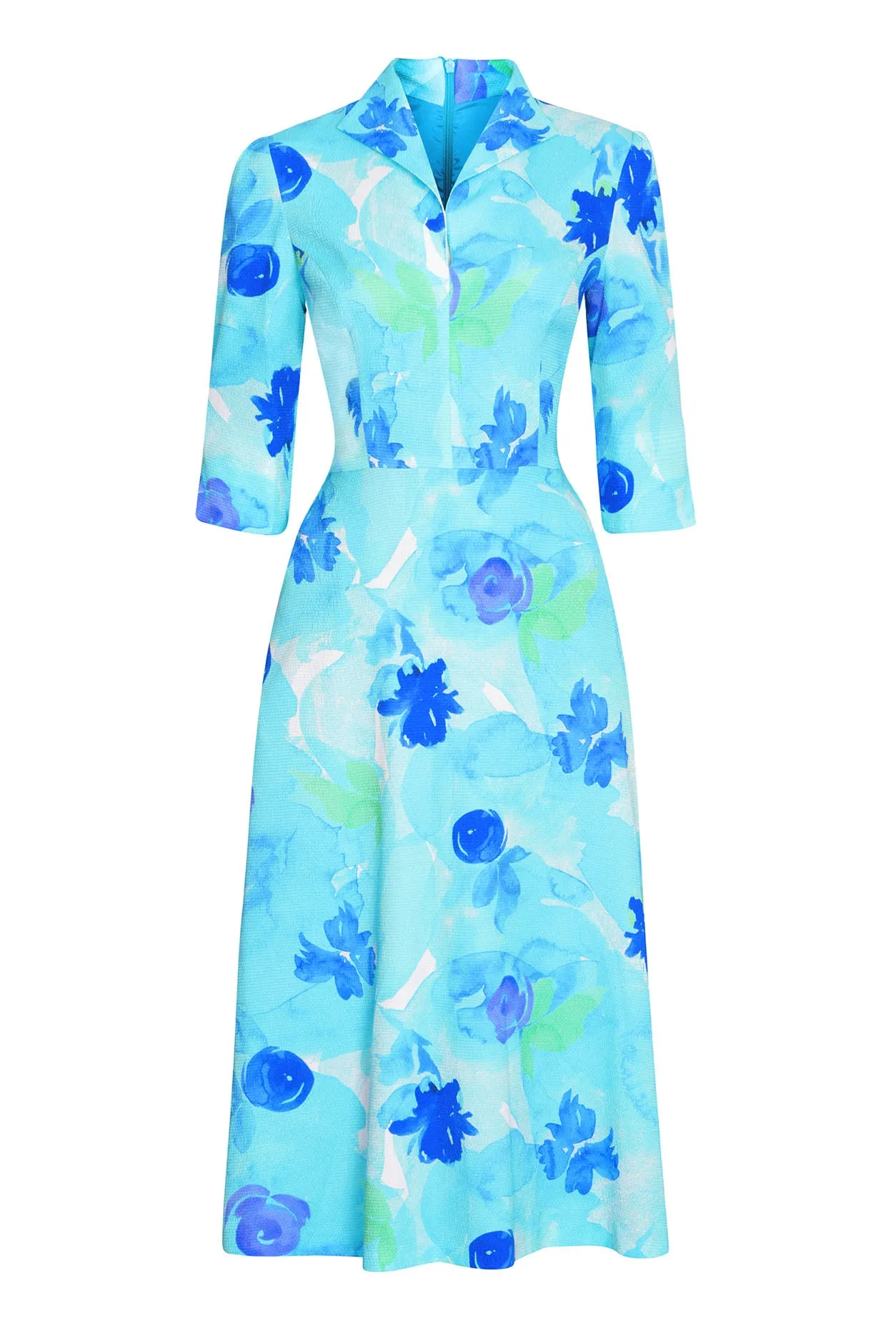 Midi Length A-Line, 3/4 Sleeve Dress in Turquoise/Blue Cloqué Silk Print - Naomi