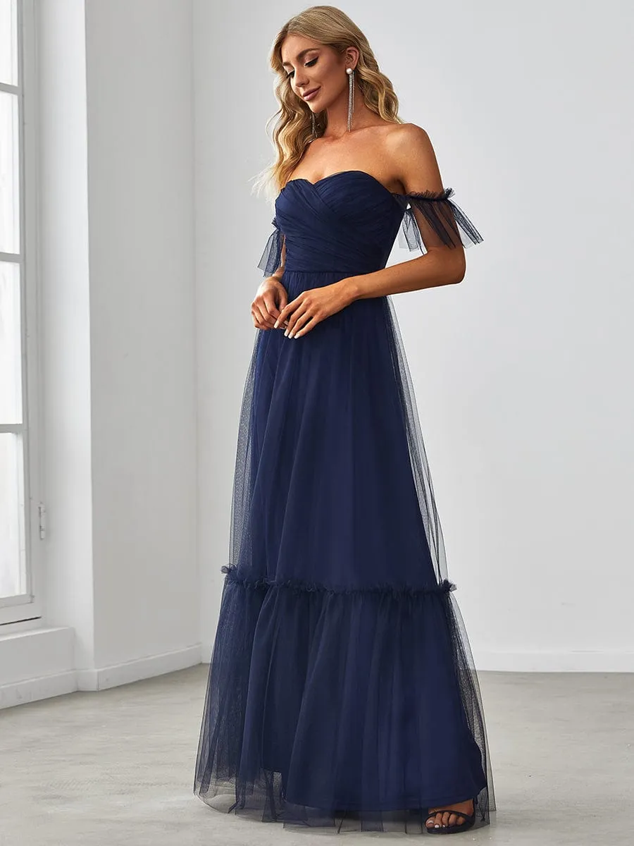 Off-Shoulder Sweetheart Double Layer Pleated Evening Dress