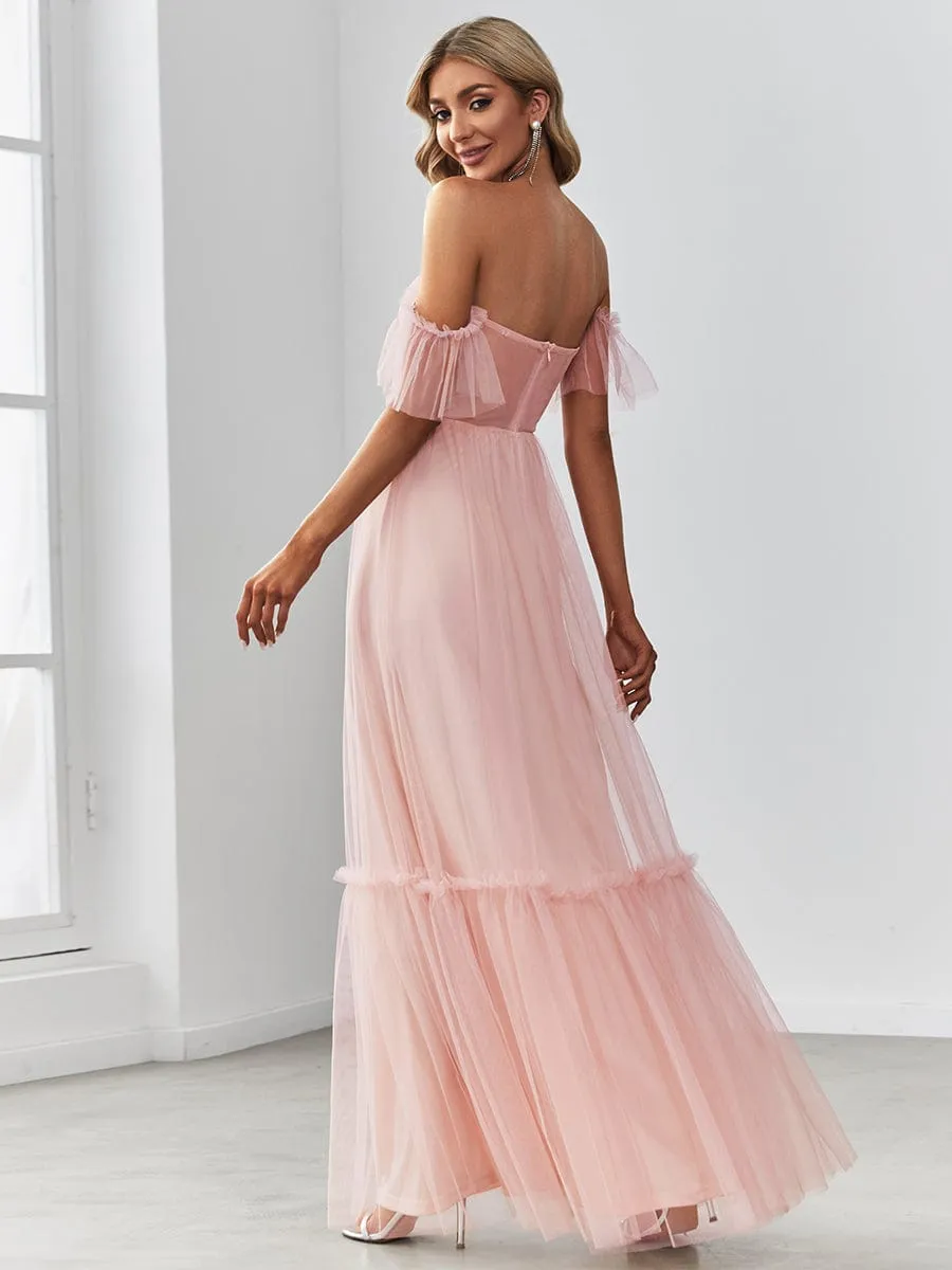 Off-Shoulder Sweetheart Double Layer Pleated Evening Dress