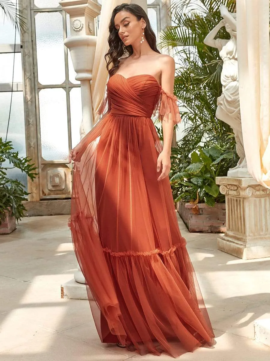 Off-Shoulder Sweetheart Double Layer Pleated Evening Dress