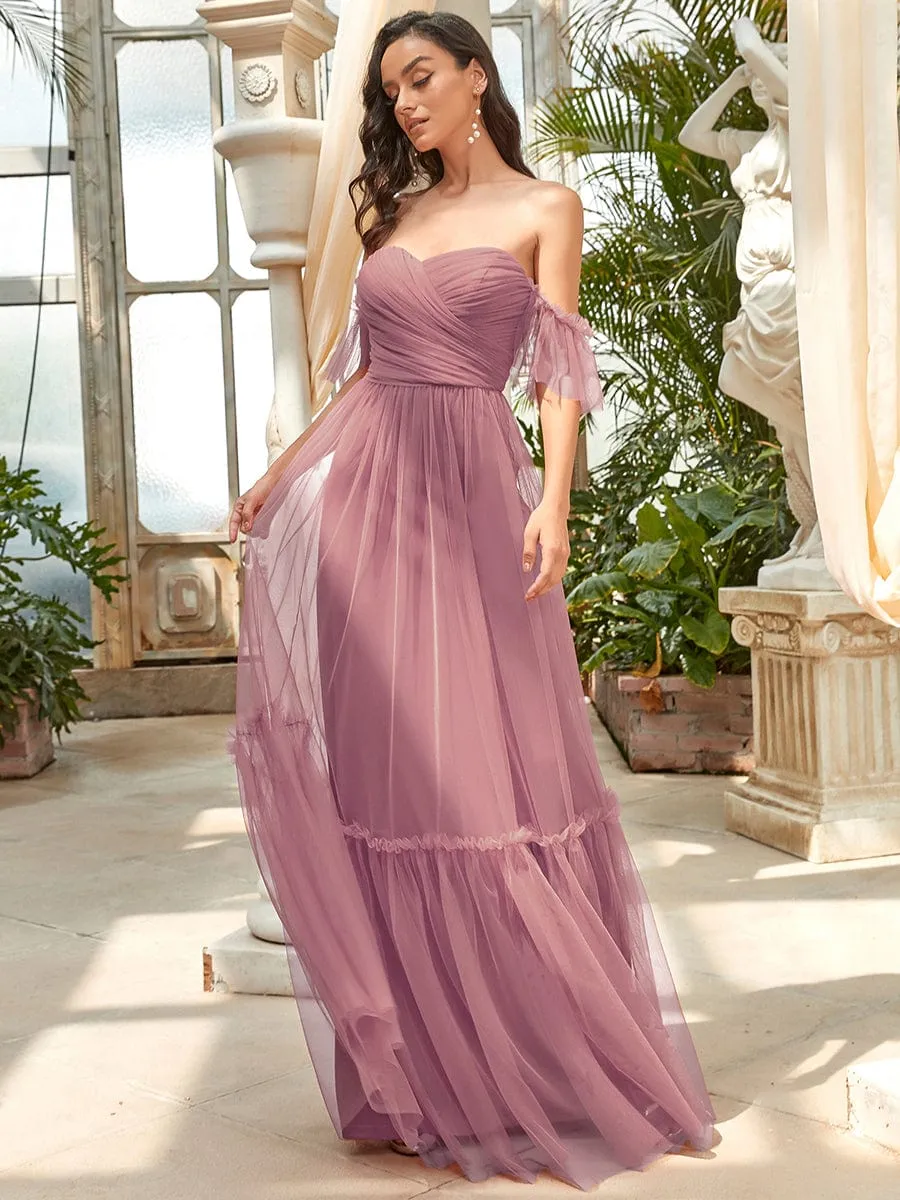 Off-Shoulder Sweetheart Double Layer Pleated Evening Dress