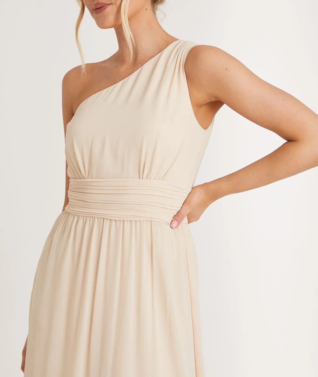 One Shoulder Pleated Waist Chiffon Bridesmaid Dress - Vintage Cream