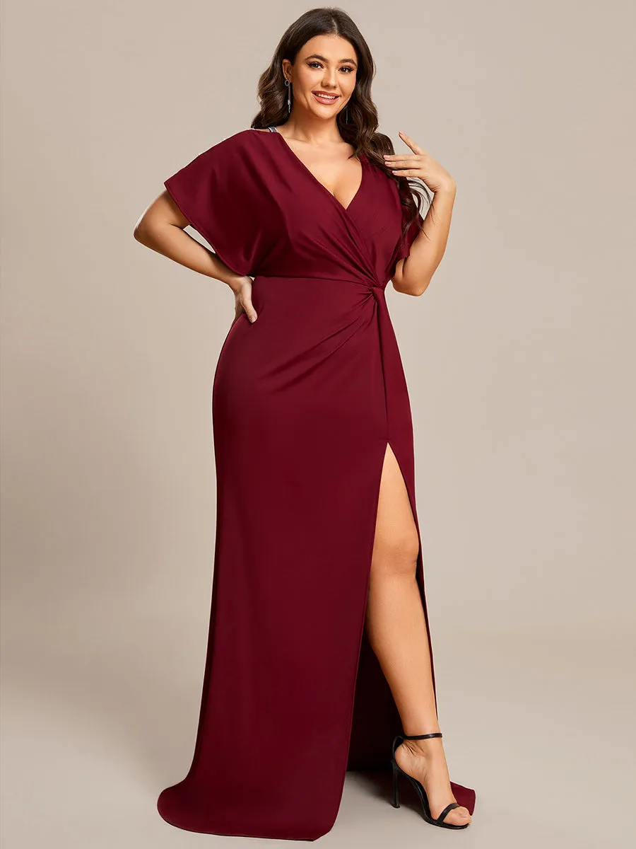 Plus Deep V Neck High Split Pleated Wholesale Evening Dresses