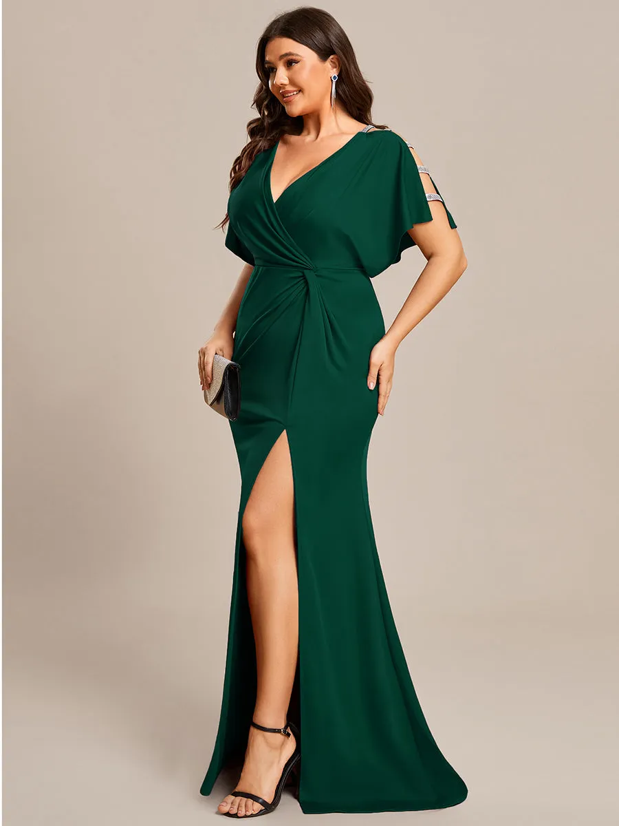 Plus Deep V Neck High Split Pleated Wholesale Evening Dresses