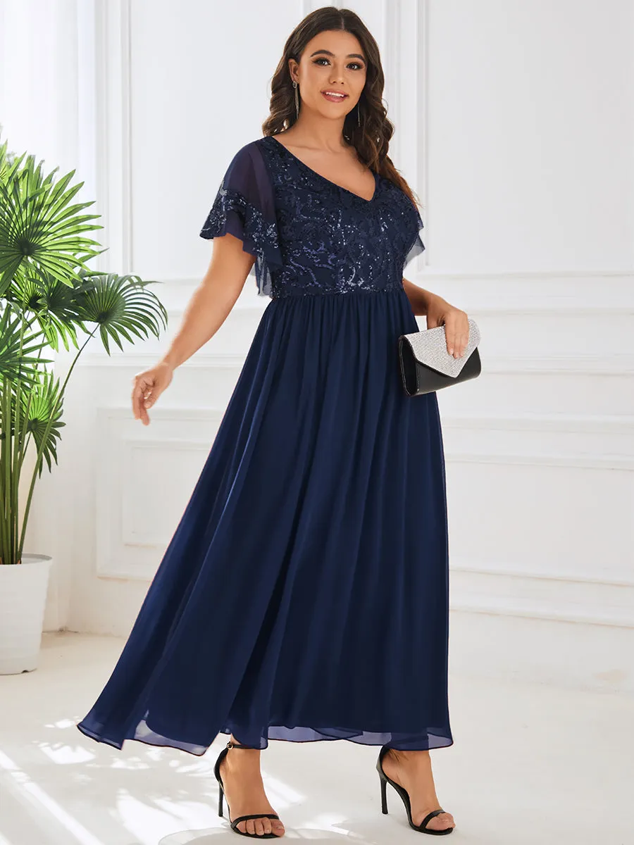 Plus Short Ruffles Sleeves V Neck Wholesale Mother of the Bride Dresses