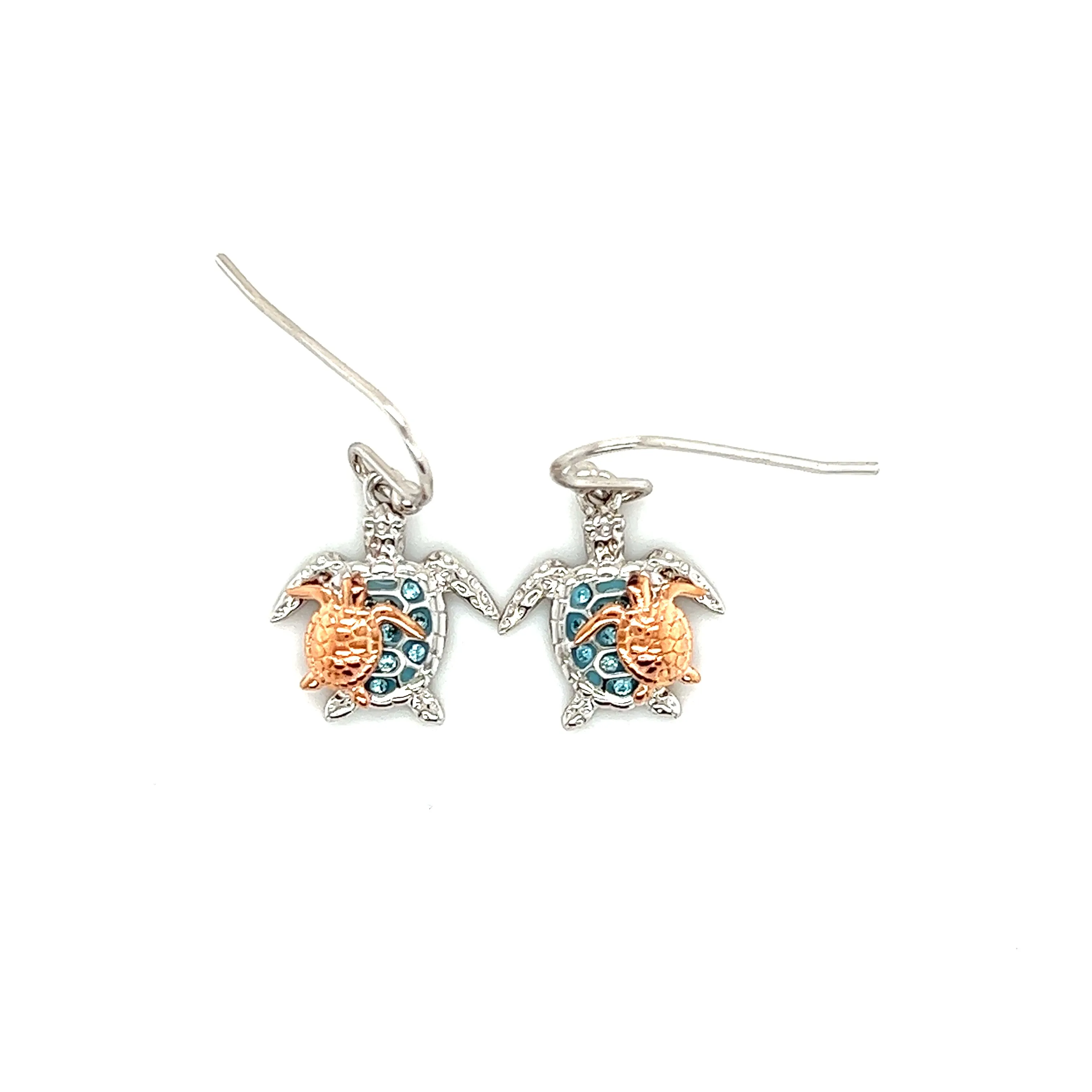 Sea Turtle Dangle Earrings with Rose Gold Accents in Sterling Silver