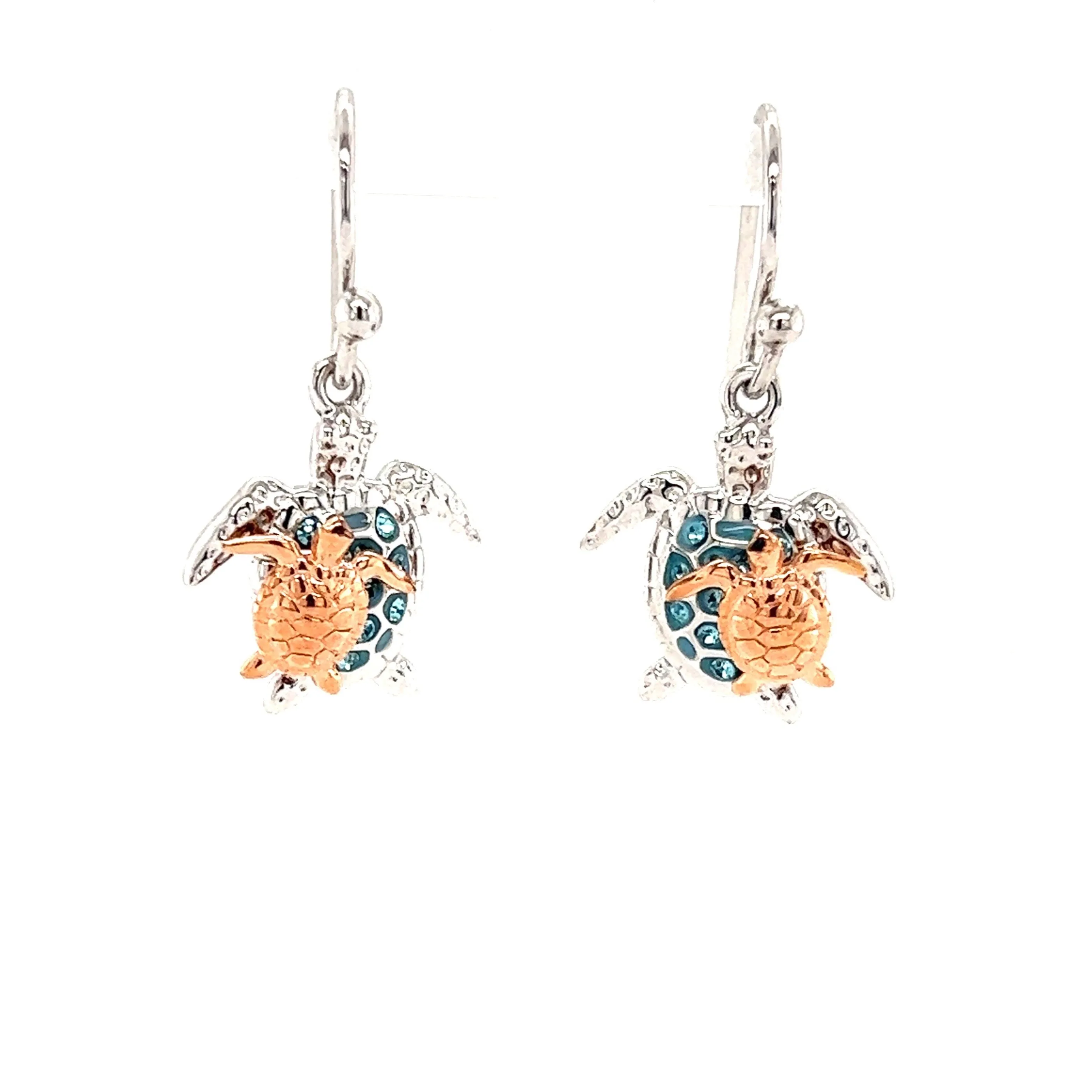 Sea Turtle Dangle Earrings with Rose Gold Accents in Sterling Silver