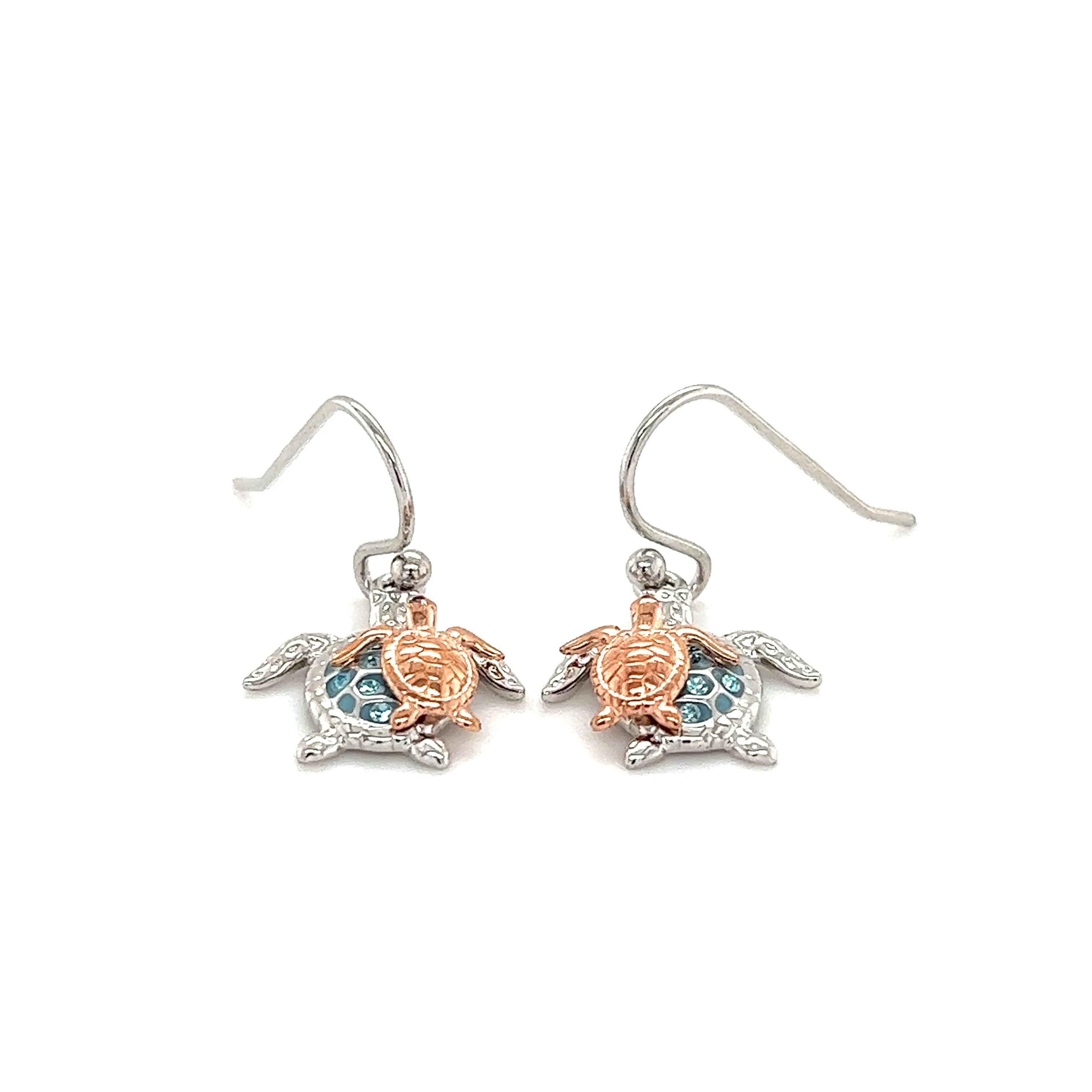 Sea Turtle Dangle Earrings with Rose Gold Accents in Sterling Silver