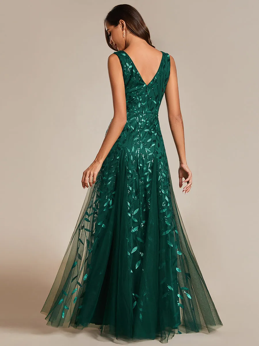 Shiny V-Neck Sequin Sleeveless Evening Dress with Tulle