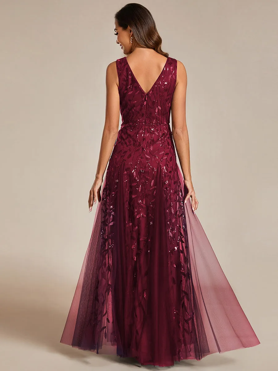 Shiny V-Neck Sequin Sleeveless Evening Dress with Tulle