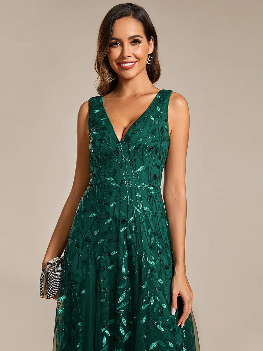 Shiny V-Neck Sequin Sleeveless Evening Dress with Tulle