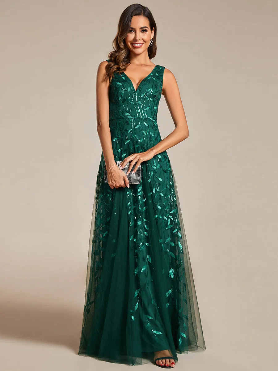 Shiny V-Neck Sequin Sleeveless Evening Dress with Tulle