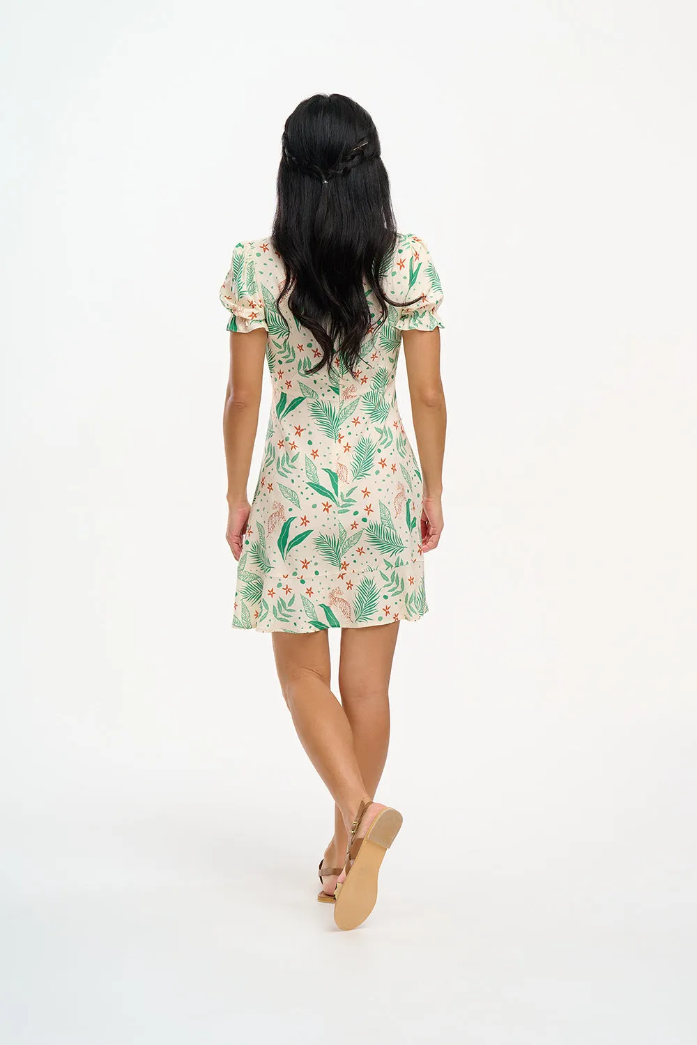 Tabitha Mini Dress - Cream, Jungle Leaves