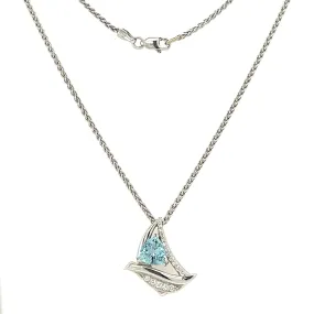 Trillion Aquamarine Sailboat Necklace with Seventeen Accent Diamonds in 14K White Gold