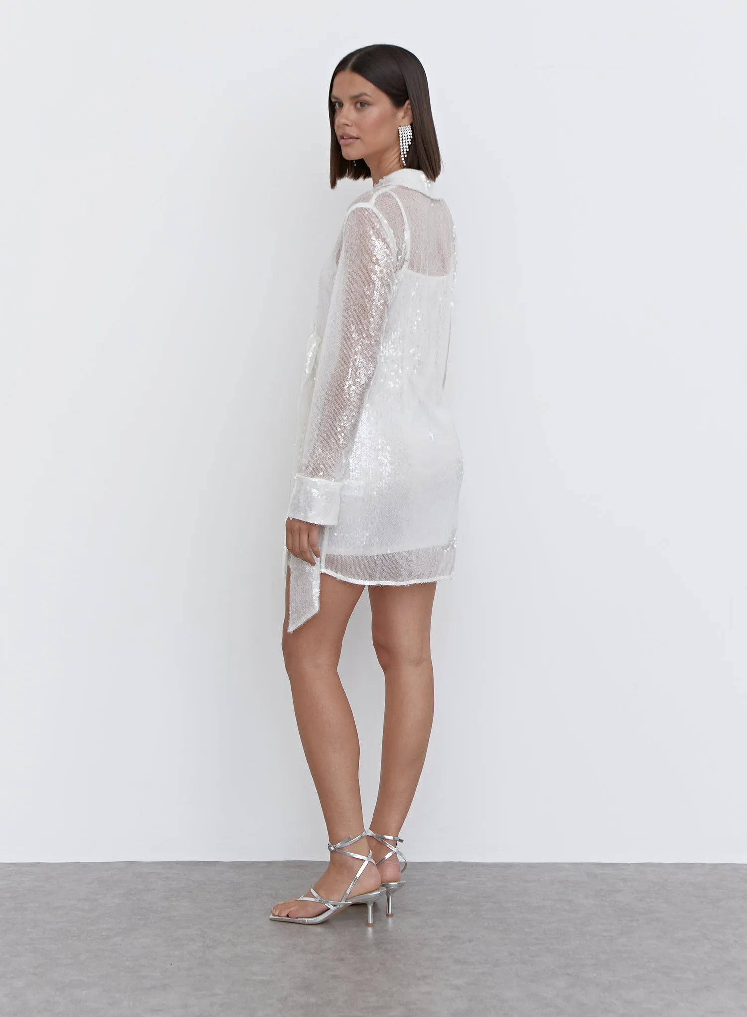 White Sequin Shirt Mini Dress - Idella