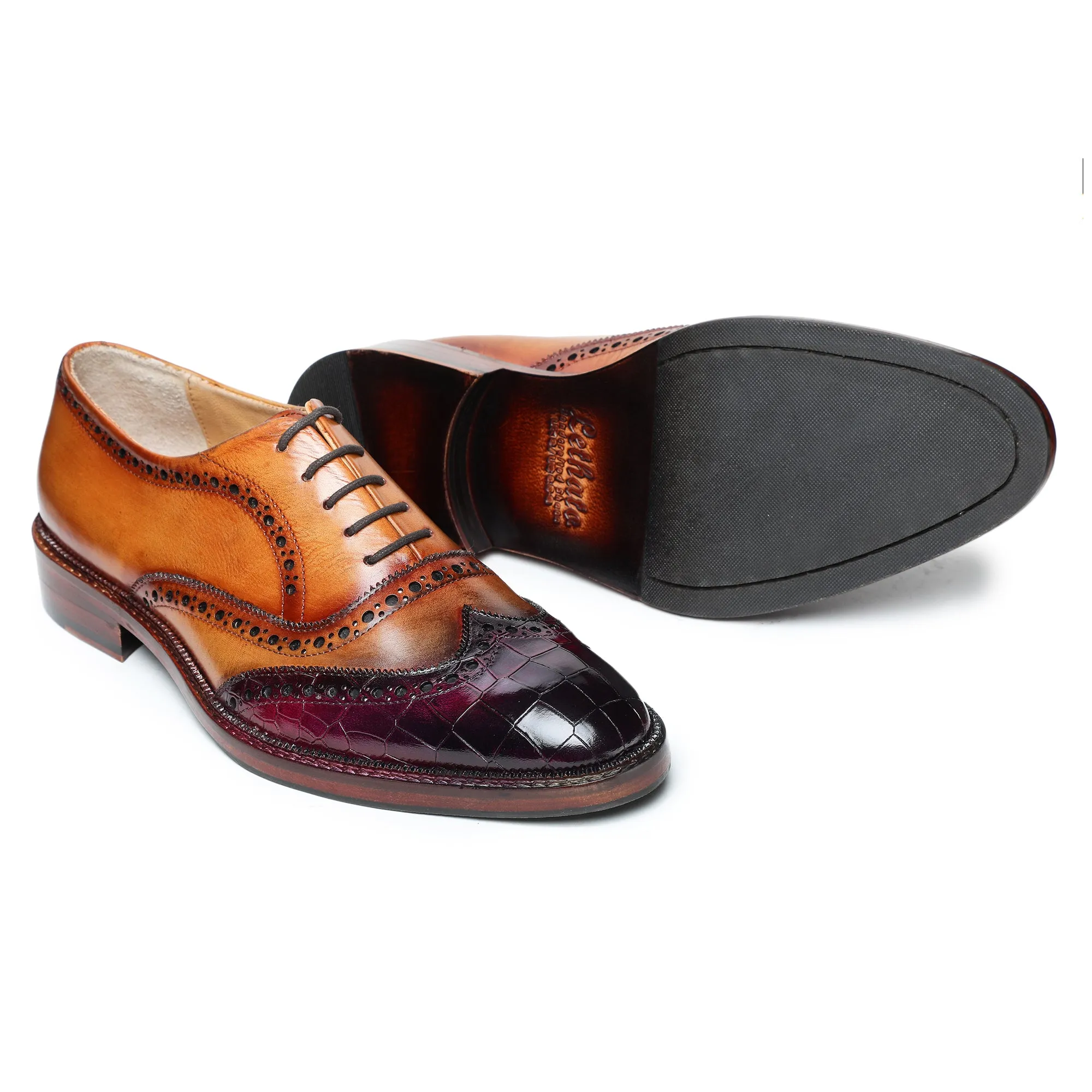 Wingtip Brogue Oxford - Croc Burgundy & Tan