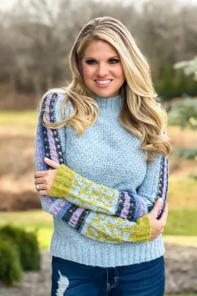 Winter Wonderland Crochet Sleeved Sweater : Ice Blue/Multi